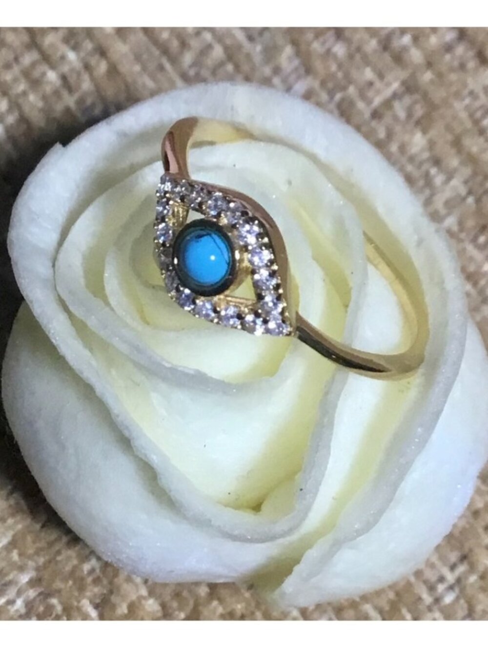 EUC~SILVER MAMA~14Kt Over Silver Crystal Evil Eye Ring